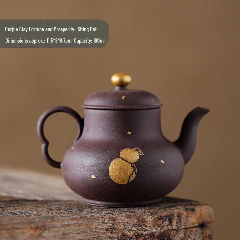 Hand-Painted Purple Clay Teapot: Golden Gourd Design, Retro Chinese Ceramic for Tea Brewing