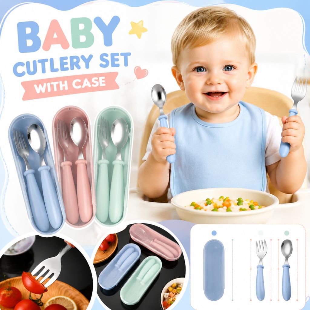 304 Stainless Steel Baby Cutlery Set Fork Spoon with Portable Storage Case Three Piece Set Safe Durable Infant Feeding Utensils
