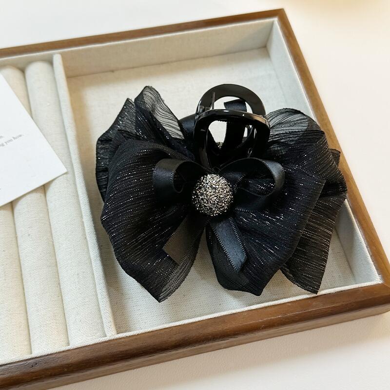 

Елегантна атласна чорна шпилька-бант для волосся зі стразами - жіночий аксесуар-краб