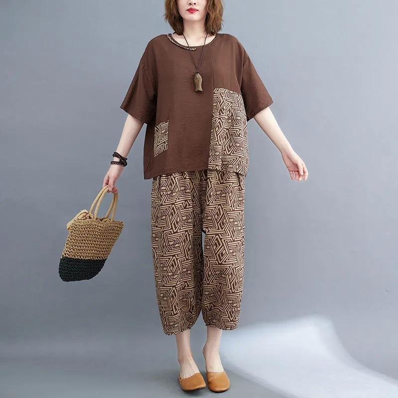 

Модный комплект, летний корейский вариант, короткие рукава, круглый вырез, высокая талия, утягивающие шаровары, комплект из двух предметов M кофейный