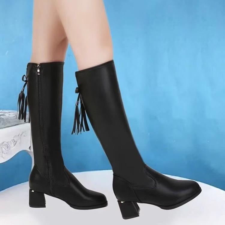 Skinny Elastic Boots Children's 2025 New Medium Boots Versatile Thick Heel Leather Boots Mid-heel Side Zipper But Knee Boots