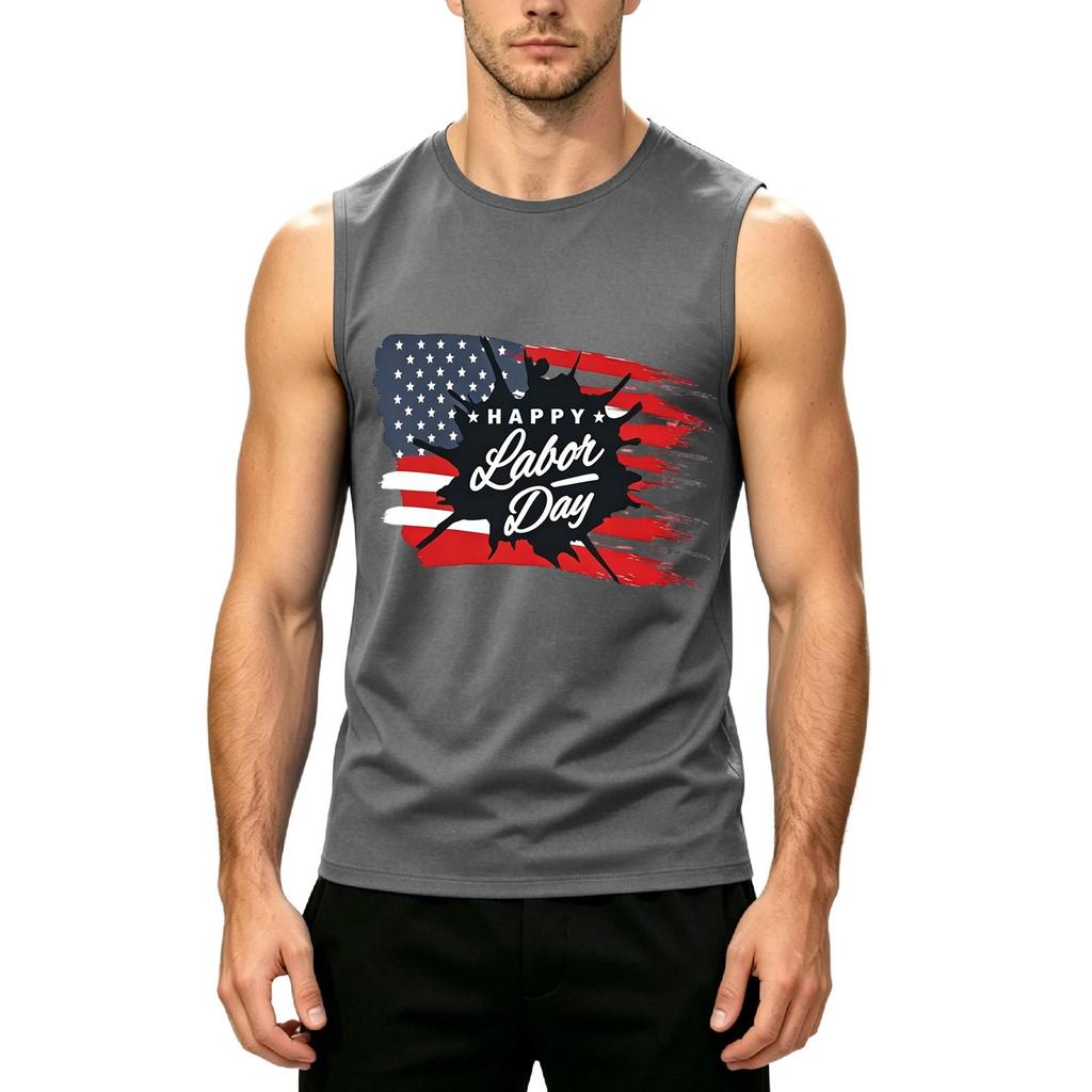 Men's Sleeveless Casual Tank Top Labor Day Printed Muscle Shirt Crew Neck Summer Workout Tee