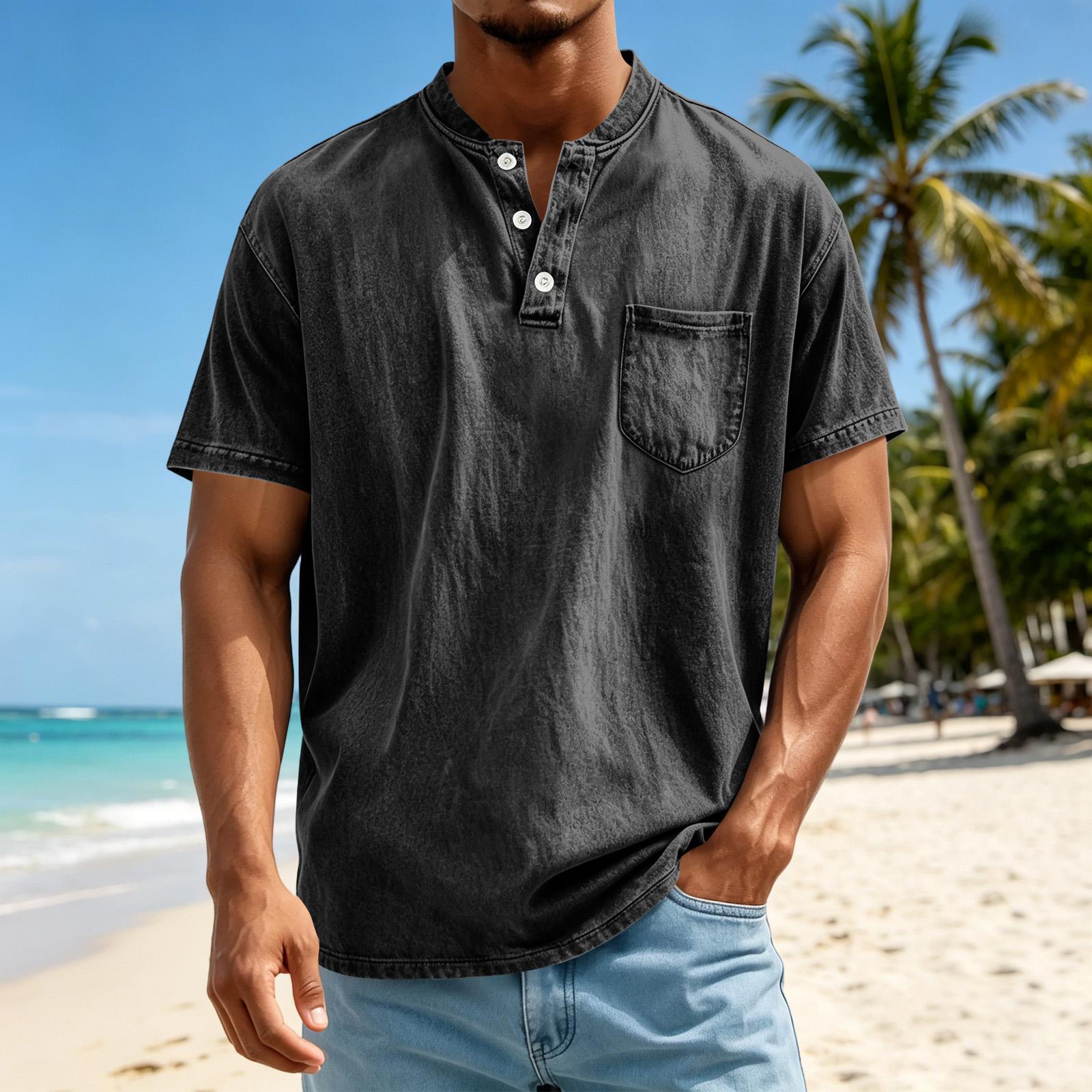 Мужская повседневная футболка-henley с коротким рукавом, легкая, дышащая, с пуговицами, карманом, топ XL чёрный