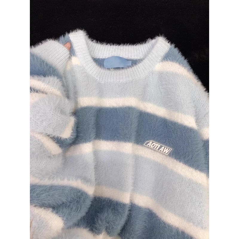 

Lazy Milk Fufu Mohair Loose Preppy Style Knitwear Blue S