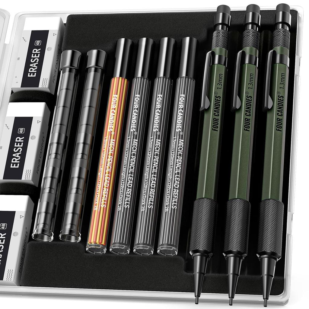 Four Candies Mechanical Pencil Set of 3 with Case Metal Heavy Duty Carpenter Pencil 48 Leads 3 12 Eraser Weatherproof Body Outdoor Carpenter Marker