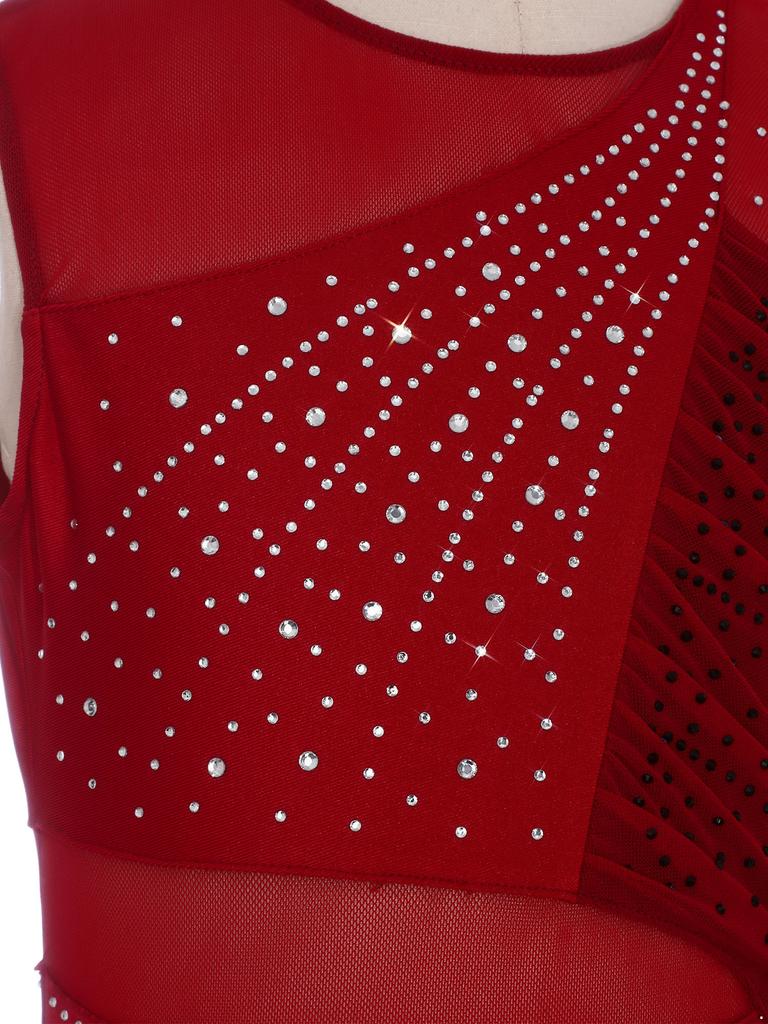 Kids Girls Stage Performance Dress: Back Invisible Zipper Color Block Mesh Patchwork Side Split with Shiny Rhinestones for Lyrical Dance