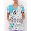 Womens V-Neck Short Sleeve Nursing Scrub Top With 3D Cartoon Print Comfortable Workwear Casual Medical Uniform