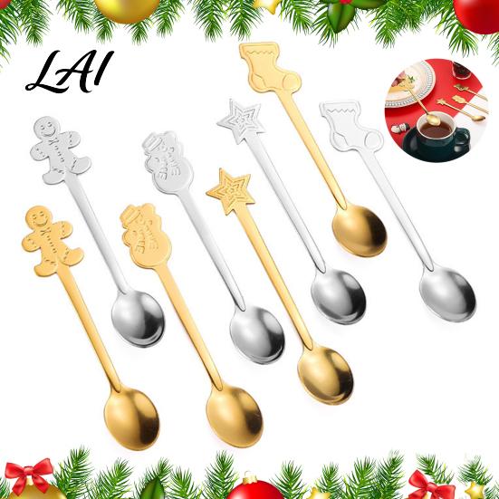 Cute Bear Coffee Stirrers 4Pcs Christmas Dessert Spoons Stainless Steel Spoons with Gingerbread Man Star Stocking Snowman Handle Unique Holiday