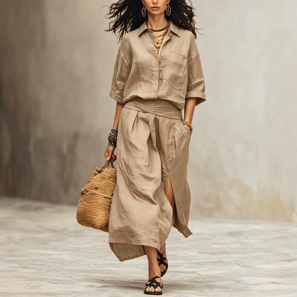 Completo 2 Pezzi Donna Bohemian Tinta Unita Collo a Revers Manica 3/4 Gonna a Vita Alta con Spacco