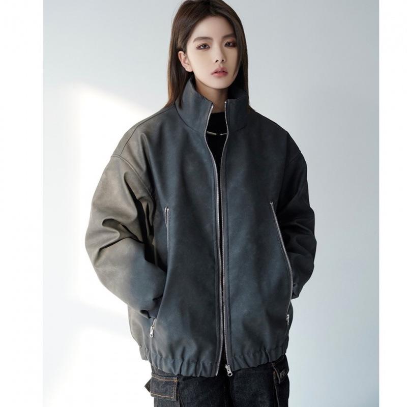 Unisex Distressed PU Leather and Cotton Retro Jacket - Women's 2024 Quilted Winter Coat
