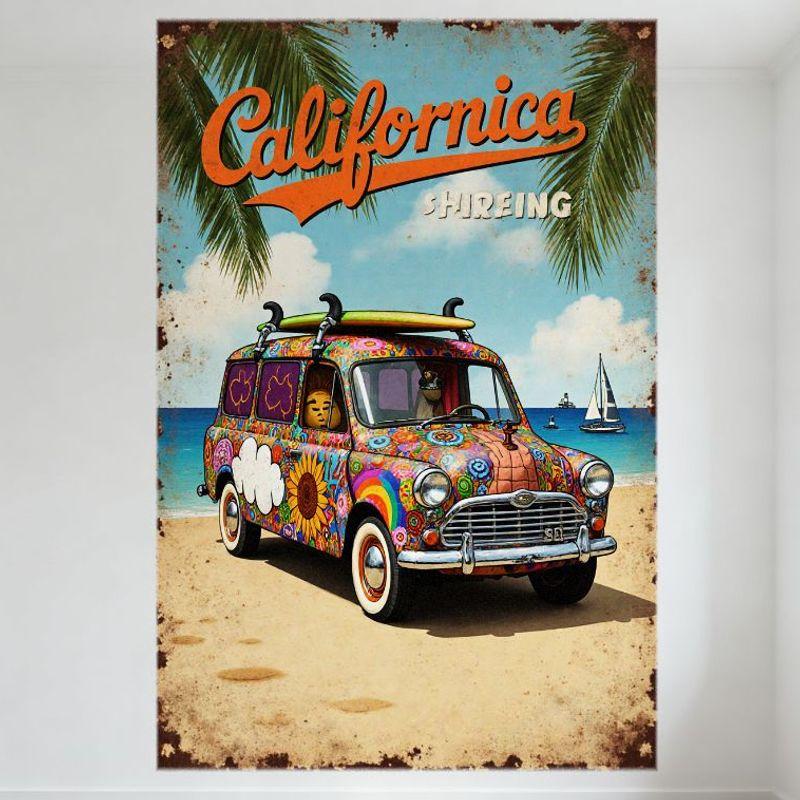 Винтажная металлическая жестяная табличка Калифорния Серфинг Психоделический Фургон Пляж Подсолнухи Серфборды Декор Настенная Табличка для Мужской Комнаты Бара Дома O 20x30cm（7.8x11.8inch）