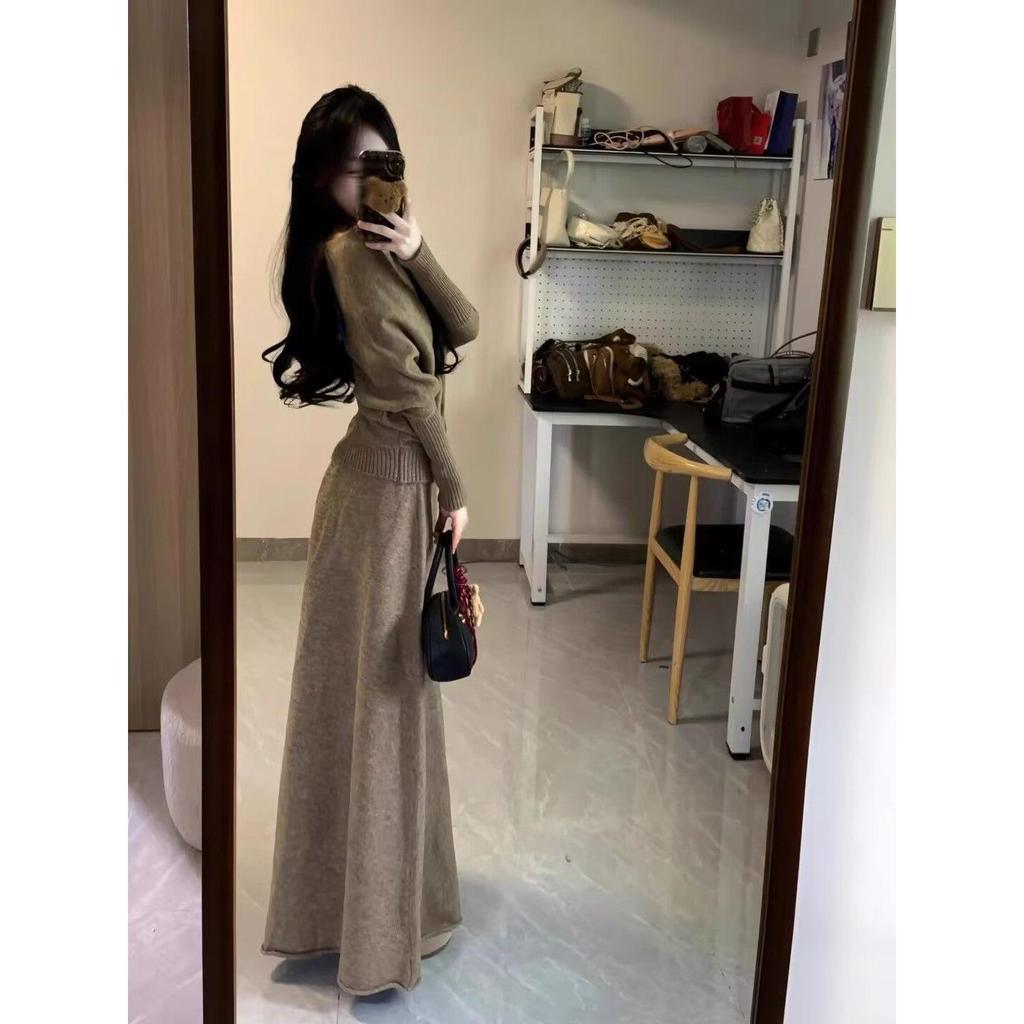 Women's Korean Spicy Off-the-Shoulder Sweater & High-Waisted Slimming Midi Skirt Set
