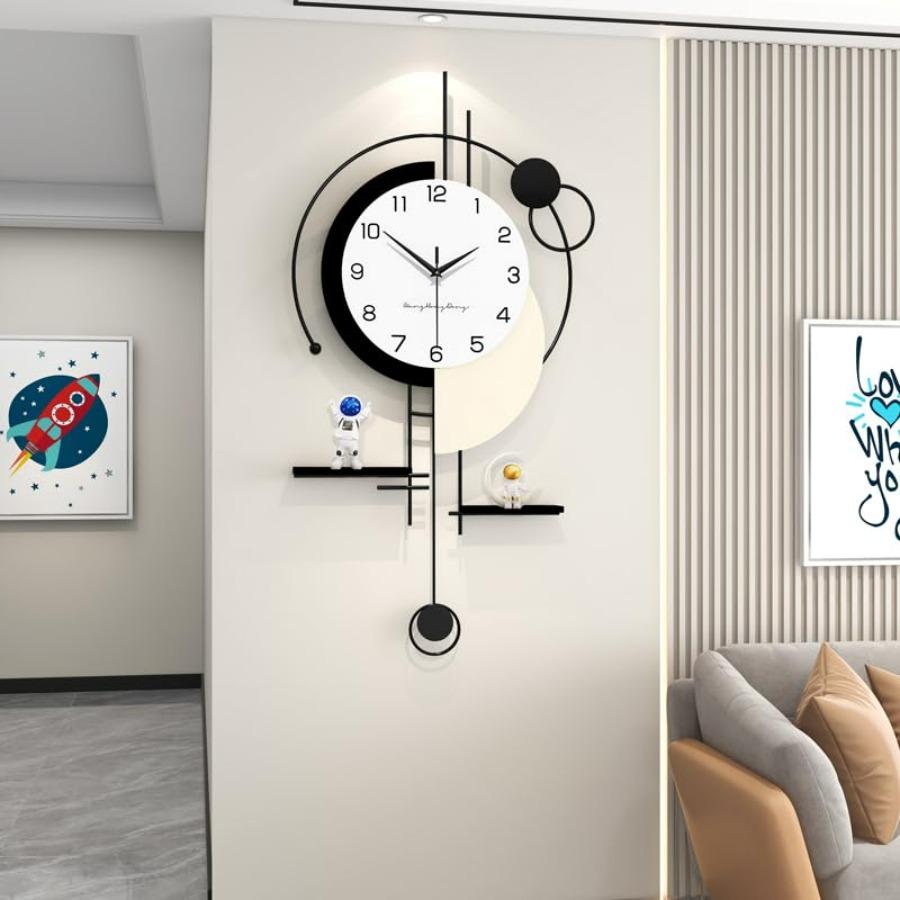 Large Modern Wall Clock Decorative for Living Room with Operated Non-Ticking Silent Metal Wall Clock In Black 10inch with Shelf