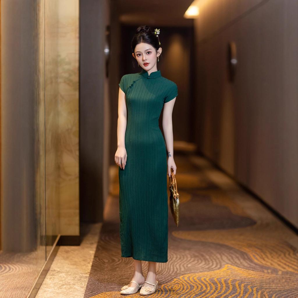 New new Chinese cheongsam dress green girl daily literary waist thin retro Chinese style dress daily