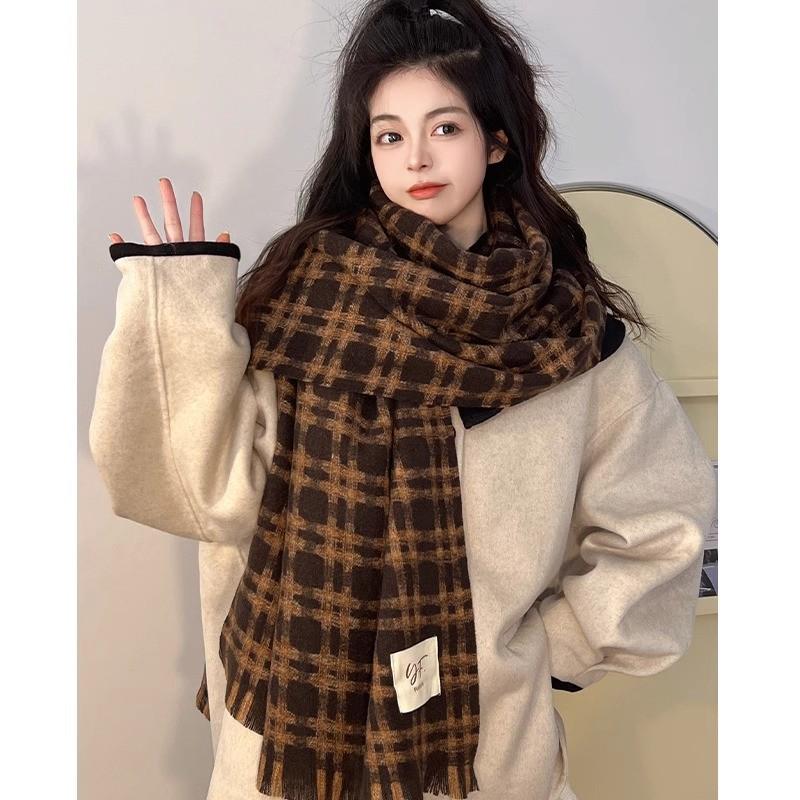 Korean Style Withered Rose Plaid Imitation Cashmere Scarf - Women's Winter Christmas Red Shawl