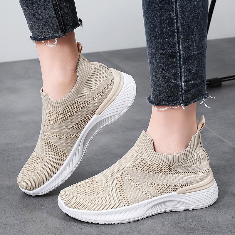 Breathable Mesh Women's Running Shoes Knitted Casual Sneakers Soft Walking Shoes Slip-on Flats Socks Shoes