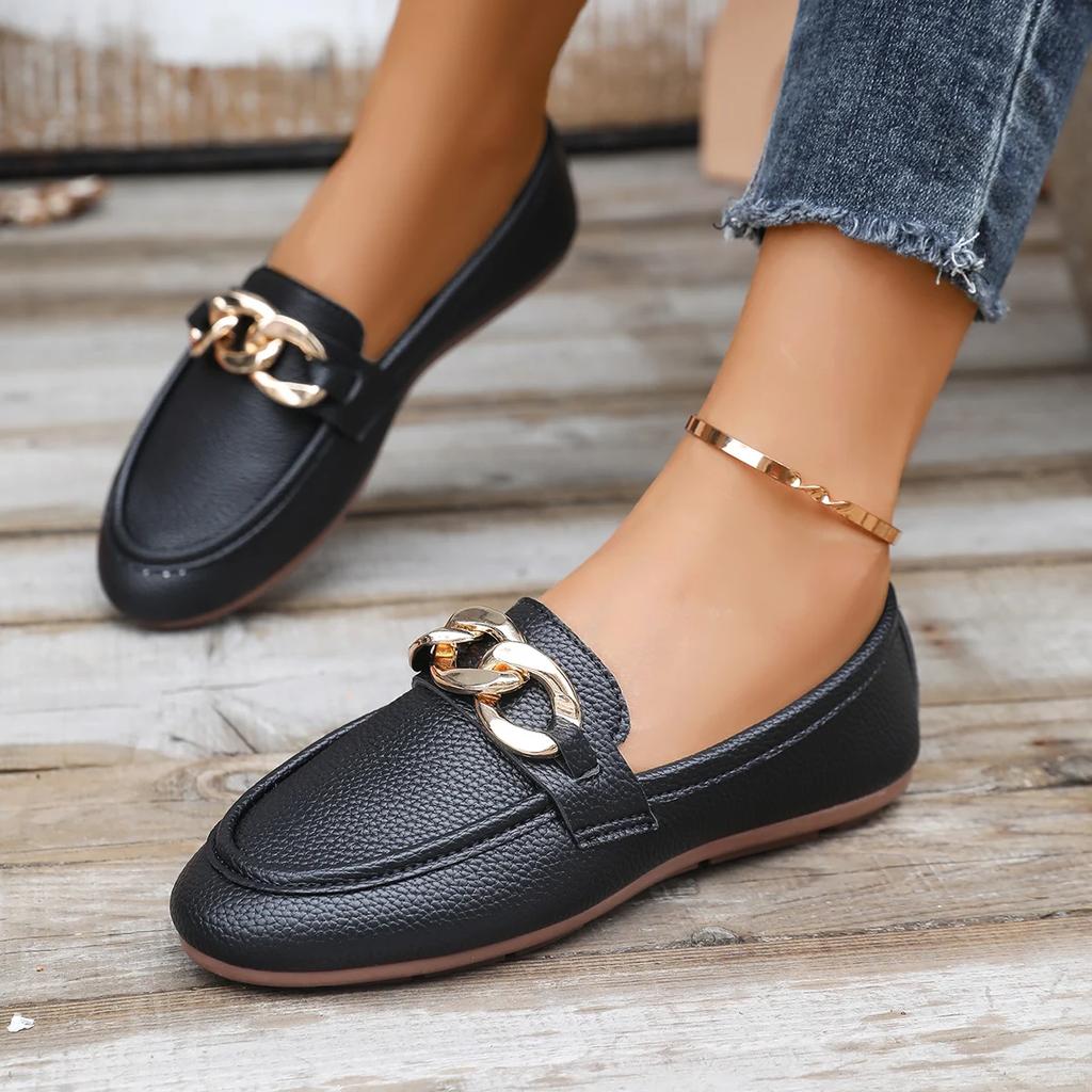 Damen Ballerinas Frühling Herbst Neu Koreanischer Stil Flache Schuhe Damen Metallkette Lässige Sneaker Damen Weiche Sohle Bequeme Slipper