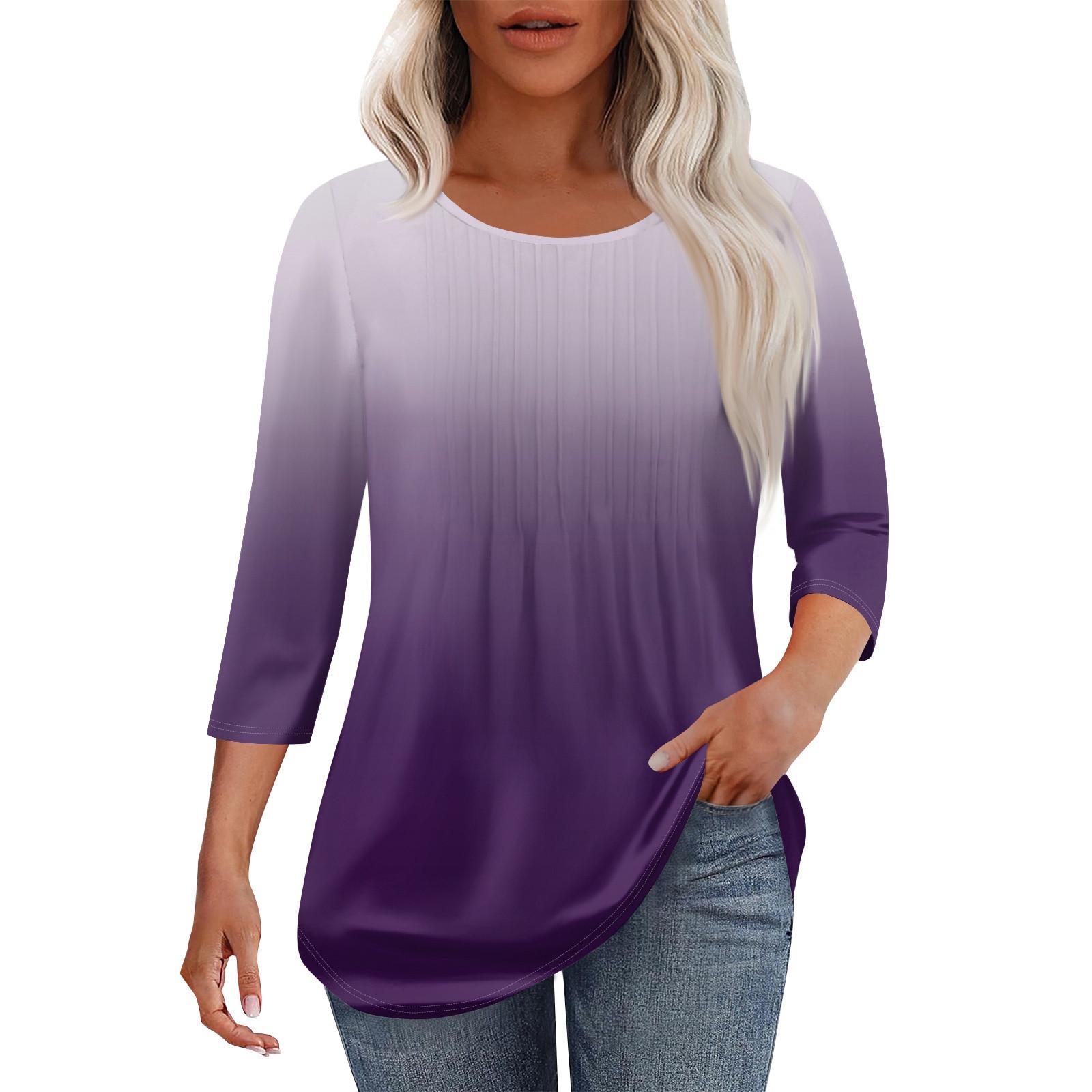 

Женская модная повседневная плиссированная футболка с круглым вырезом и принтом для отдыха с рукавом семь четвертей XXL фиолетовый