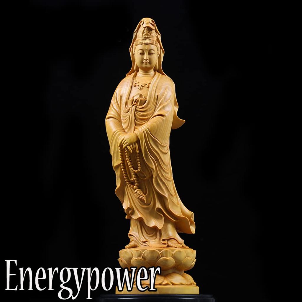 EnergyPower Holzschnitzerei Kannon Bodhisattva Statue, Fein gearbeitet, Hochwertig, Hergestellt aus natürlichem Buchsbaumholz, Buddhistische Kunst, Buchsbaumholz, Kannon Bodhisattva,
