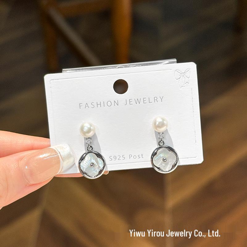 Sterling Silver Clover Stud Earrings with Freshwater Pearls and Mother-of-Pearl Inlay