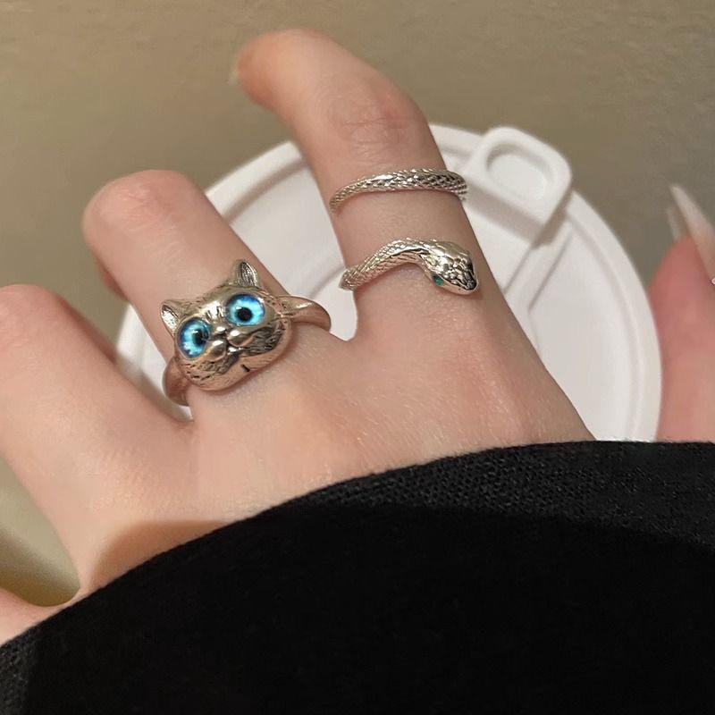 Vivid Cute Silver Color Cat Snake Open Rings For Women Girls Adjustable Finger Ring Gothic Cool Animal Jewelry Gifts