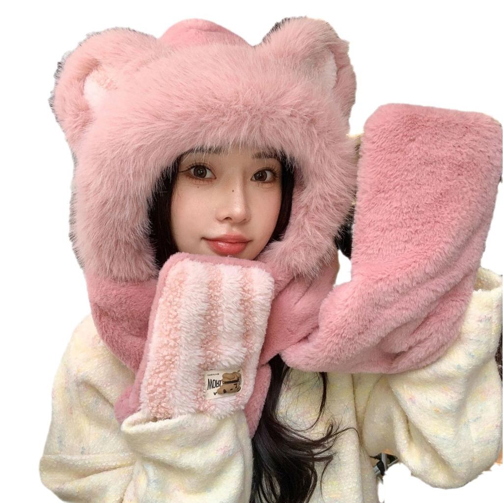 New Winter Plush Warm Cute Bear Hat Autumn and Winter Plus Velvet Thickened Ear Protection Hat Scarf Integrated Hood