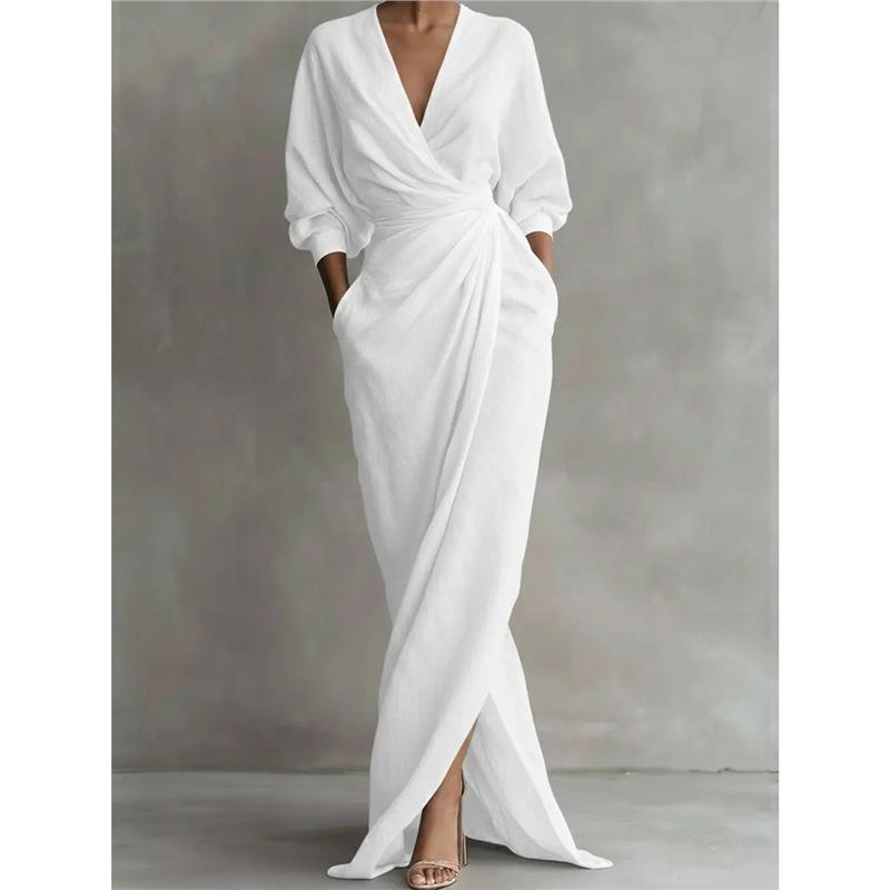 YYFS Mode femme été printemps couleur unie imprimé manches 3/4 col en v taille haute robes décontractées