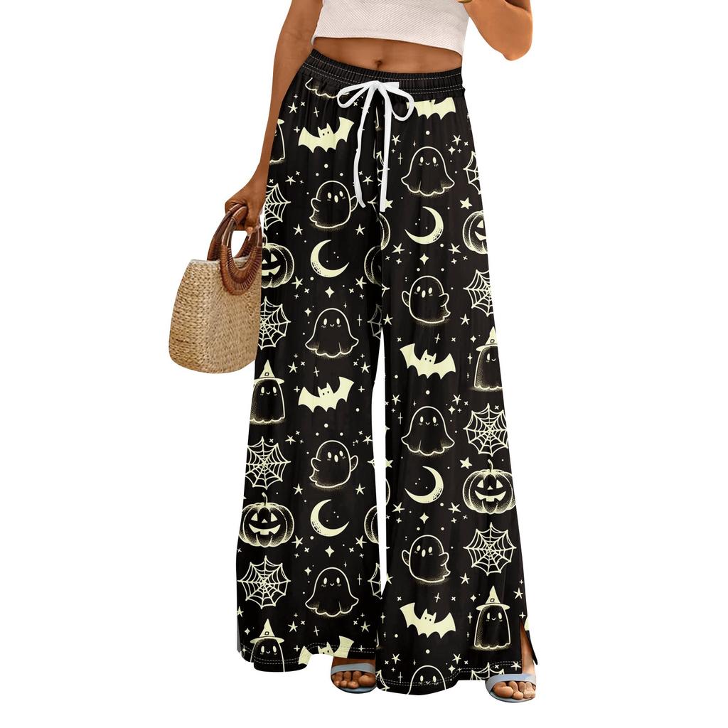 Damen Sommer Boho Palazzo Hose Hohe Taille Weites Bein Halloween Druck Lässige Hose mit Taschen