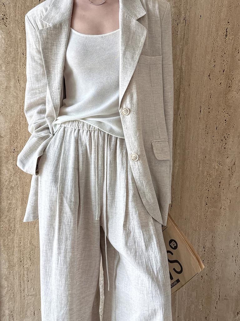 Women's Autumn Cotton Linen Blazer Suit Set with Pants