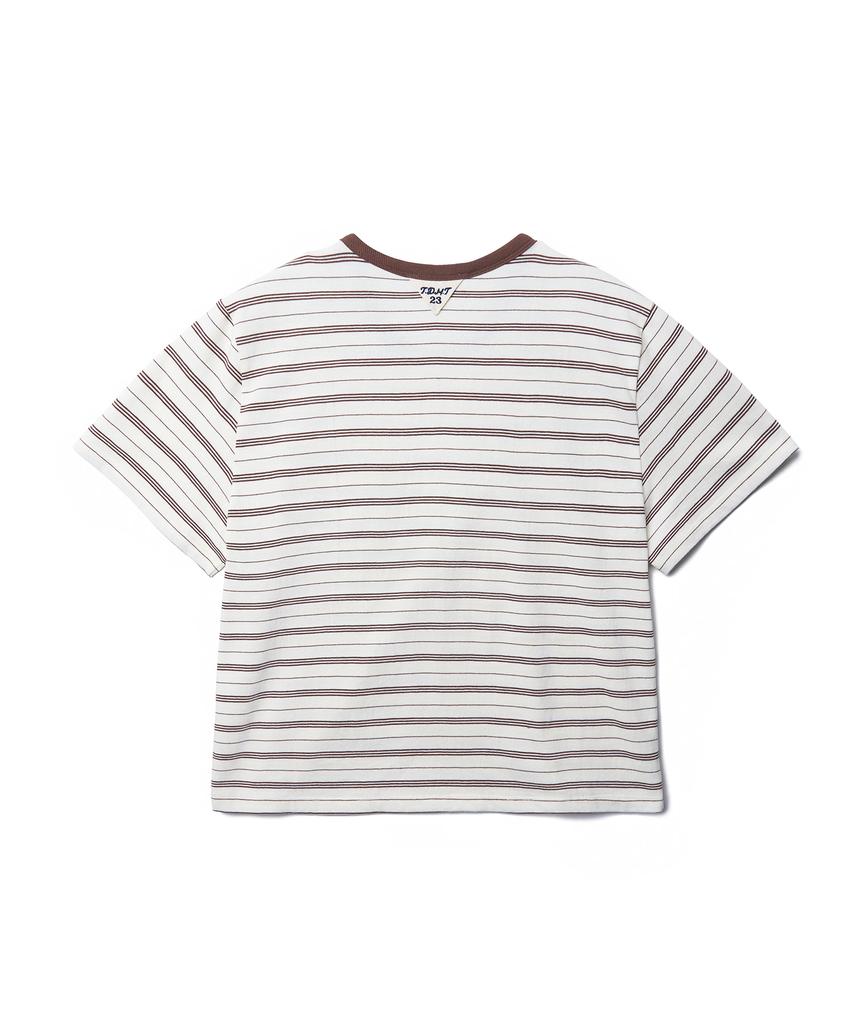 TTUDEMENT 50S Embroidered Striped Semi Over Fit T-Shirt_Brown