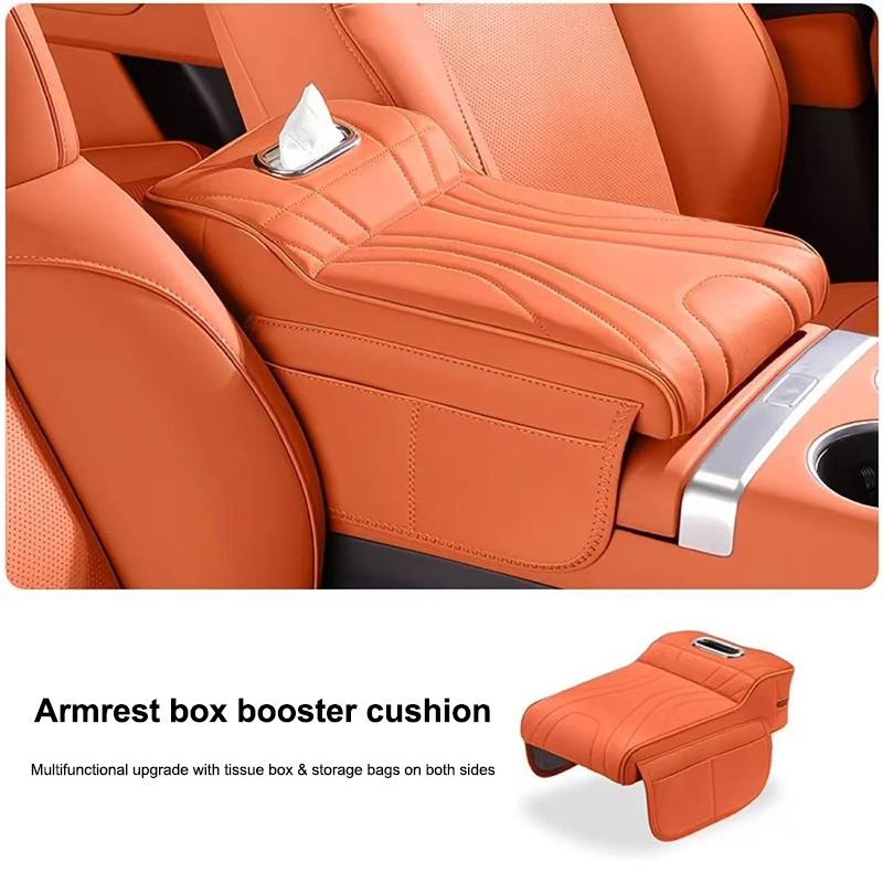 Car Center Console Armrest Cushion with Tissue Box Holder - Thickened Padding & Side Extension for Long-Drive Comfort