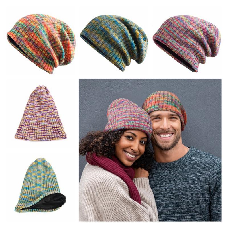 Striped Wool Hat Mixed Color Knitted Hat Ear Protect Warmth Thicken Autumn Winter for Boys Girls Xmas Halloween New Year