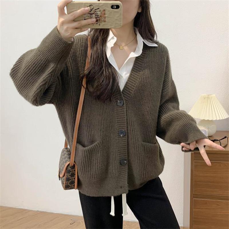 Knitted cardigan women's buttons autumn and winter new lazy wind soft waxy loose v-neck loose sweater jacket women