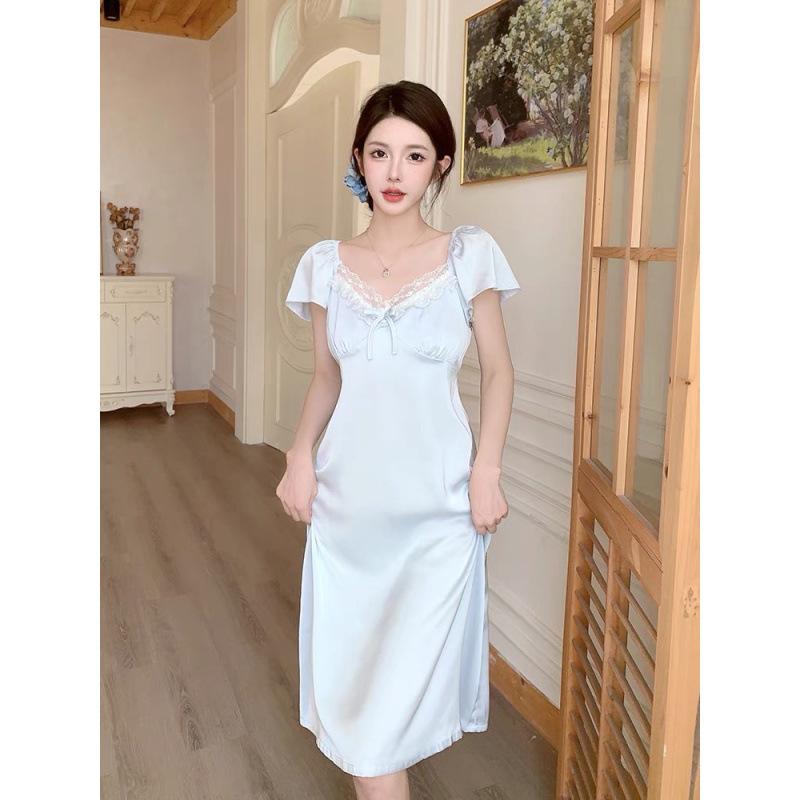 1011 Summer New Sweet Ice Silk Nightdress Women's Sexy Pajamas with Chest Pads Thin Long Court Style Loungewear