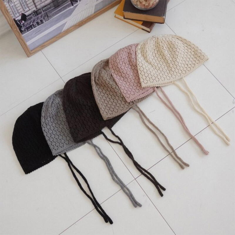 Women s Summer See-Through Knit Hat with Back Ribbon and Punching Bonnet brown