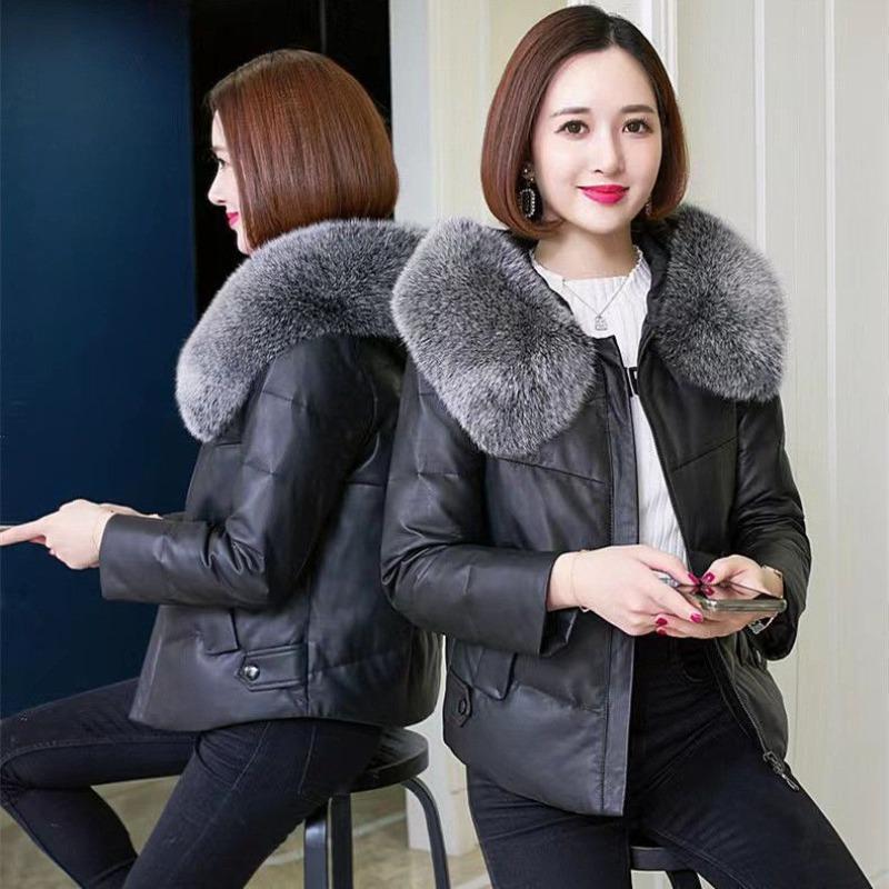 Leather jacket women's short new down cotton-padded jacket imitation fox fur collar hooded with cotton fur cotton-padded jacket