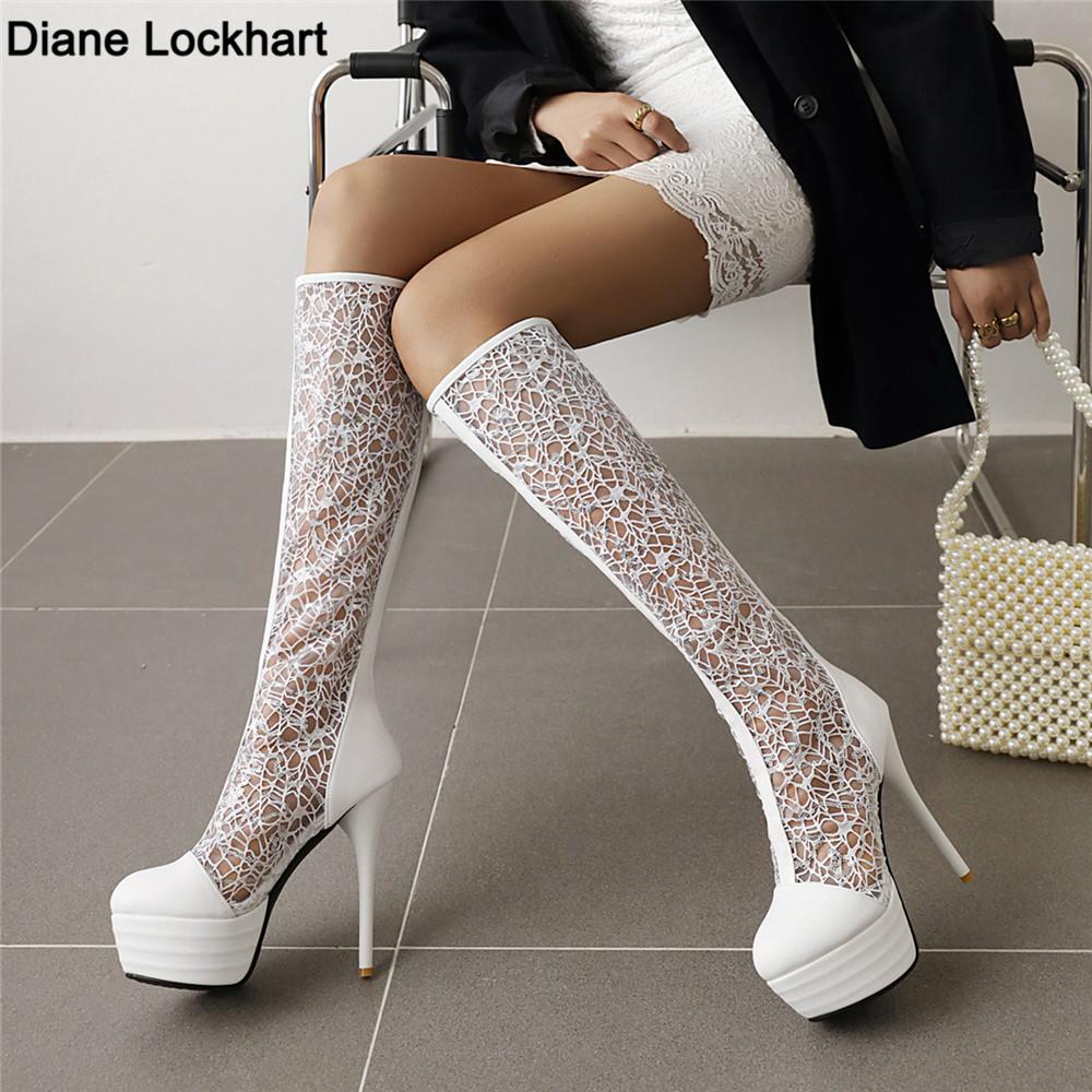 Mode Été Sexy Plateforme Talons Hauts Fins Boîtes de Nuit Découpé Bottes Genou Femme Bout Rond Dentelle Maille Zip Chaussures Sandales Blanc Noir