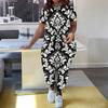 Women Plus Size Brown Printed Two Piece Set Round Neck Short Sleeve Top Long Pants