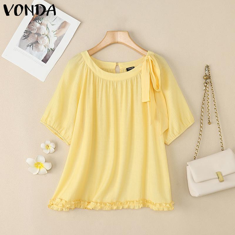 

VONDA Women Elegant Puff Sleeve Bow Knot Ruffled Semi-Sheer Casual Blouse S жёлтый