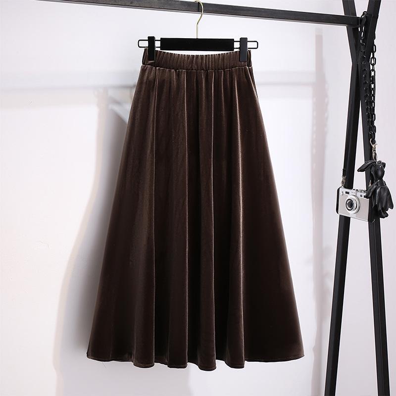 

Plus Size High Waist Velvet A-Line Skirt for Women - Spring/Autumn Elastic Waist Slimming Long Skirt XXL кавовий