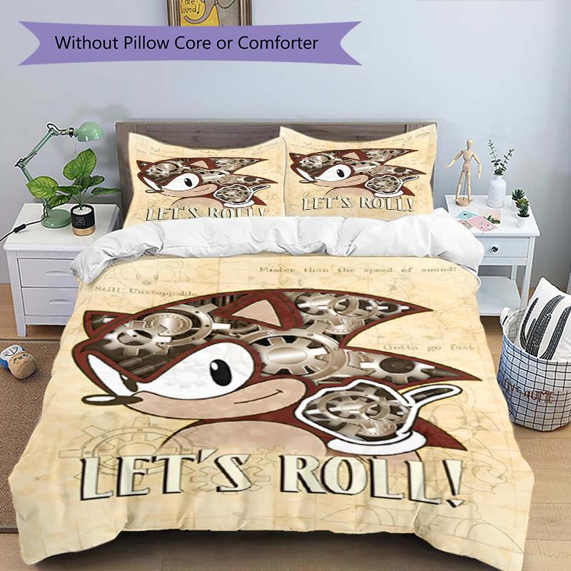 Set cuvertură de pilota 3 buc (1 * Husă de pilota + 2 * Față de pernă, Fără Miez), Set de așternut cu Imprimeu Sonic, Decor Dormitor, Pentru Toate Sezoanele, Cadou de Ziua de Naștere