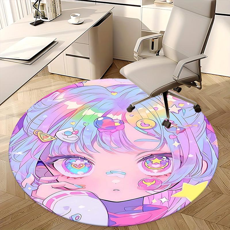 1pc Anime Design Round Carpet Cute Girl with Heart Glasses Chair Mat for Office, Home Decor, Living Room, Bedroom, Game Room Festival Gift