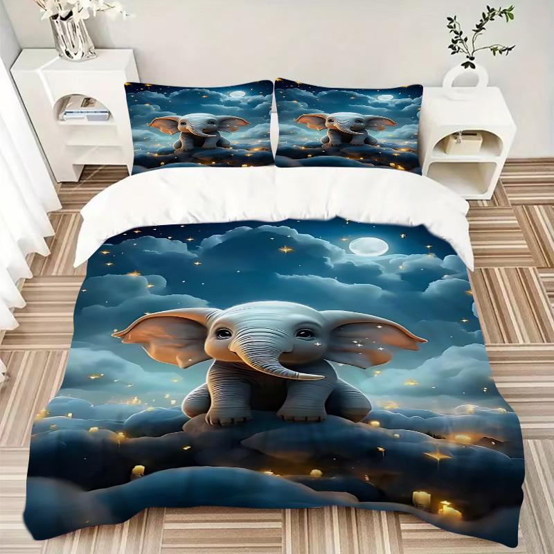 3pcs Anime Elephant Cloud Night Sky Comforter Set with One Quilt Cover and Two Pillowcases (No Core) - Festive Gift for Bedroom Decor, Polyester Fabri