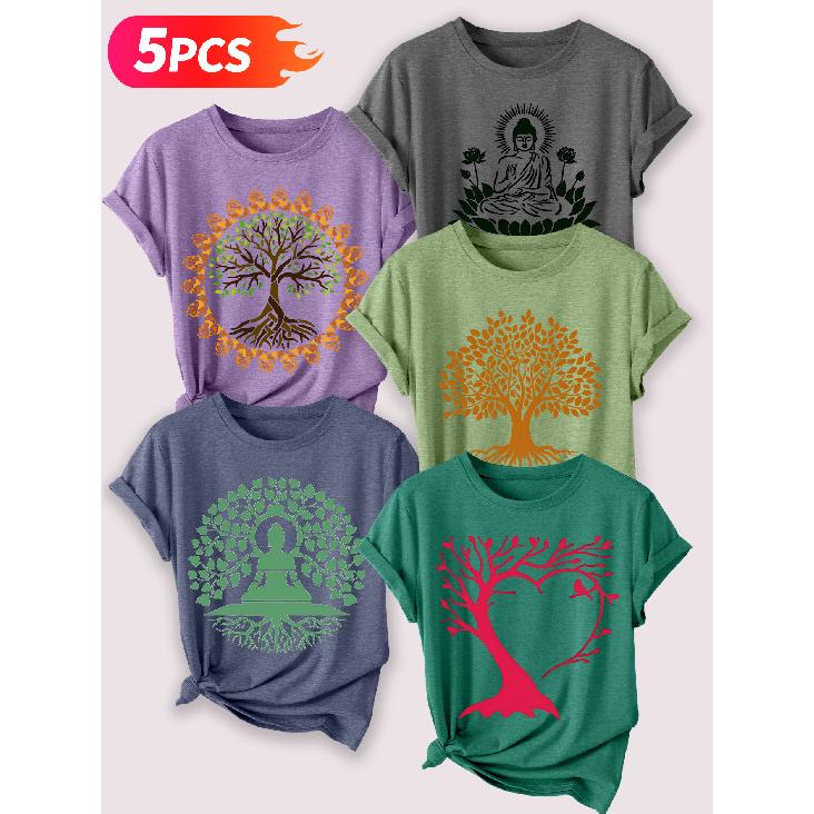 Zen-inspirierter Baum des Lebens Lotus Meditation Künstlerischer Druck Fünfteiliges Set von kurzärmeligen Damenoberteilen Elegante Sommerparty-Outfits Wesentliche Mode