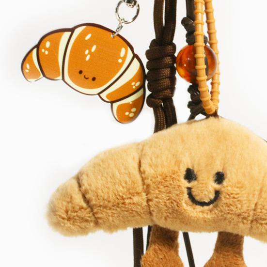 Cute Plush Keychain with Face Soft Fluffy Croissant Baguette Pendant Smiling Bread Bag Charm