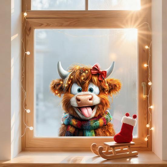 4Pcs/Set Christmas Highland Cow Window Cling Removable Waterproof Santa Hat Highland Cattle Static Glass Sticker Holiday Party Decoration Decal