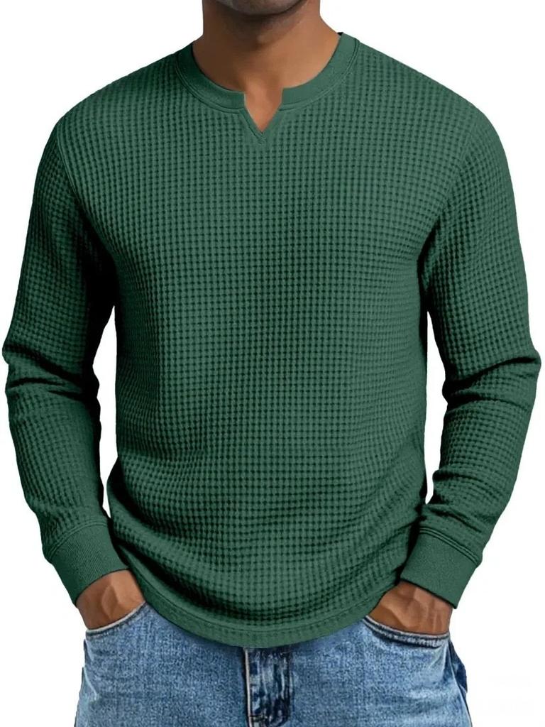 Herren Plus Size Waffel Karomuster Slim Fit Langarm V-Ausschnitt Lässiges T-Shirt