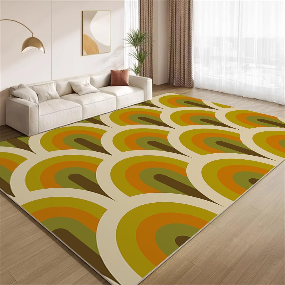 Retro Wave Runner Teppich Orange Gelb Braun Blockmuster Teppich Rutschfeste Fußmatte für Wohnzimmer Schlafzimmer