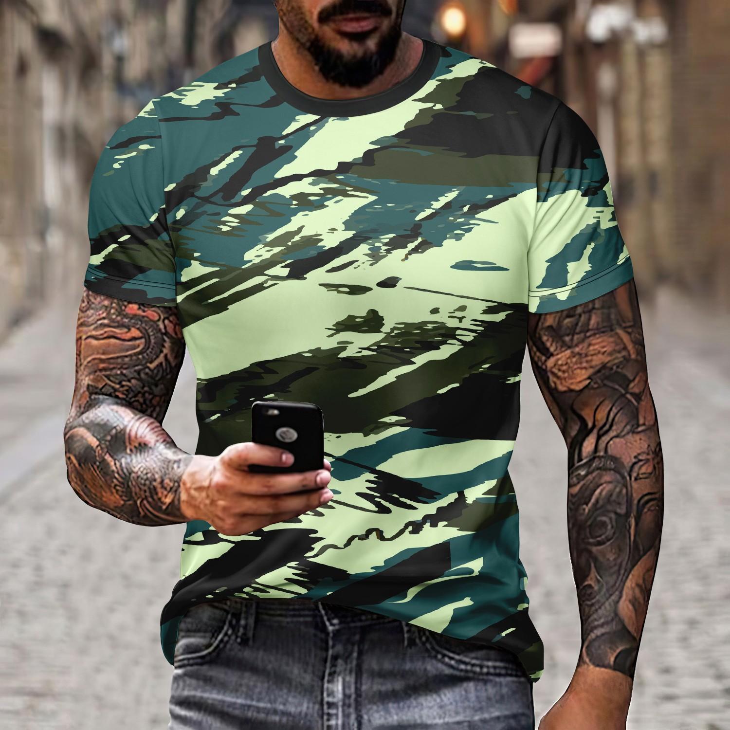 

Літня 3d-ретро камуфляжна футболка у стилі мілітарі для чоловіків, комфортна на відкритому повітрі, м’який і дихаючий поліестеровий топ із короткими рукавами з круглим вирізом XL