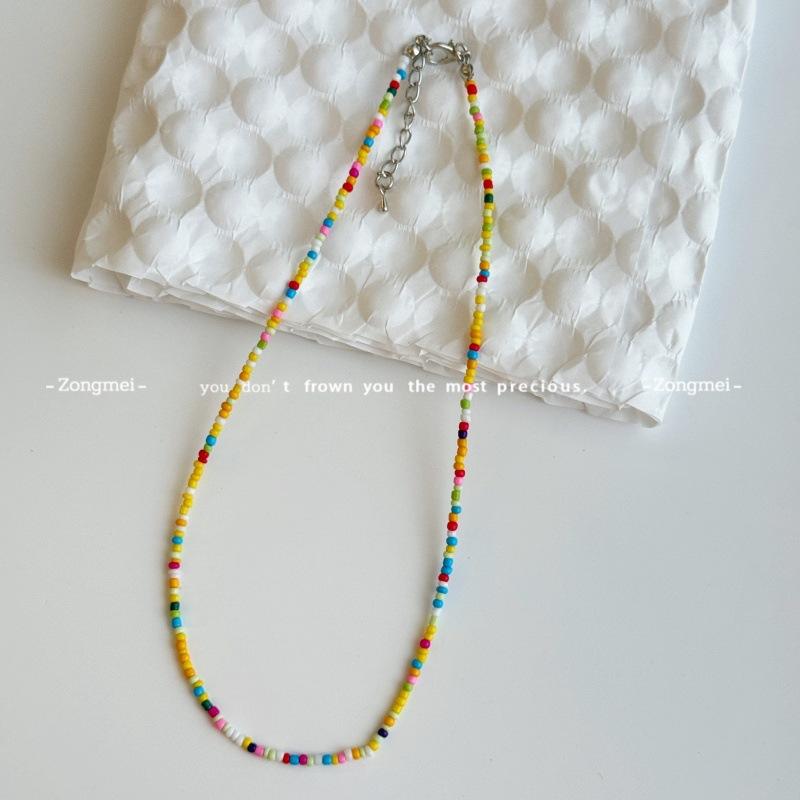 Mori sweet girl style DIY colored rice beads necklace female dopamine millet beads beaded neck chain necklace